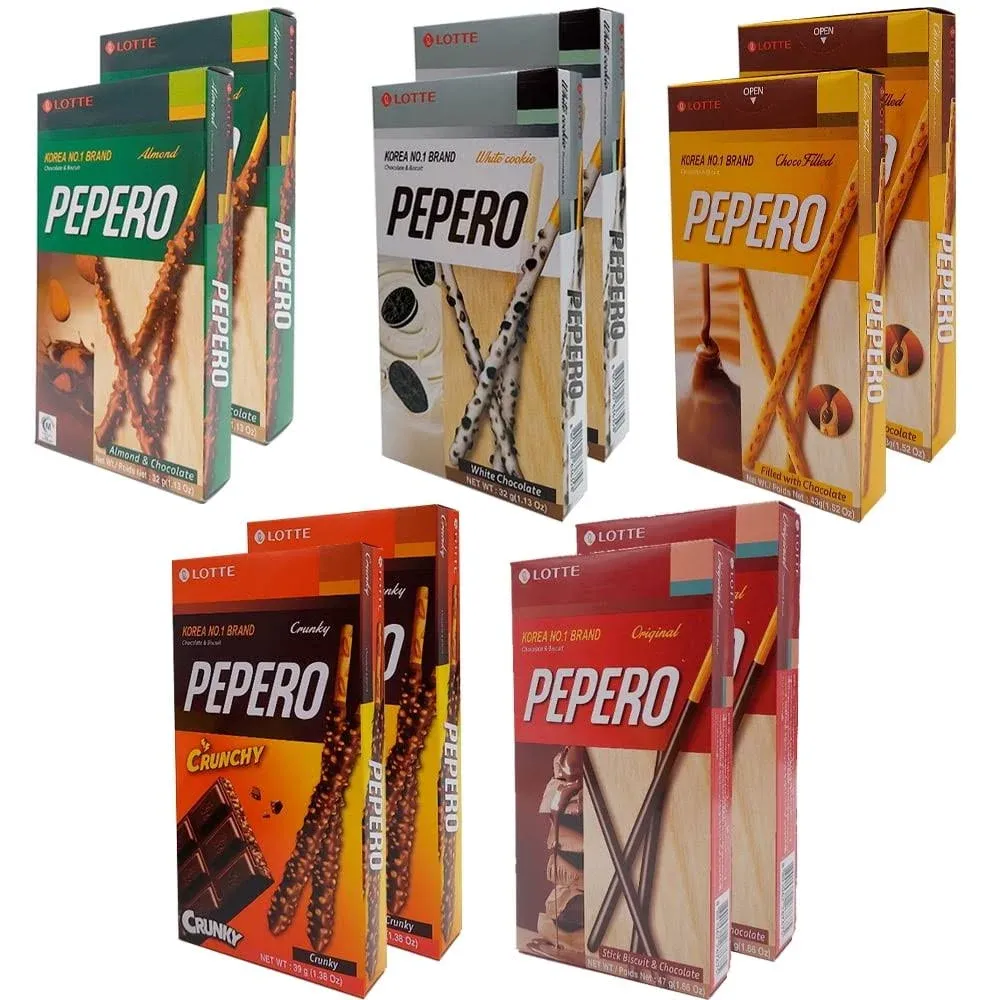 OHMARKET Lotte Pepero Chocolate & Biscuit 5 Flavor Variety Pack (Pack of 10)