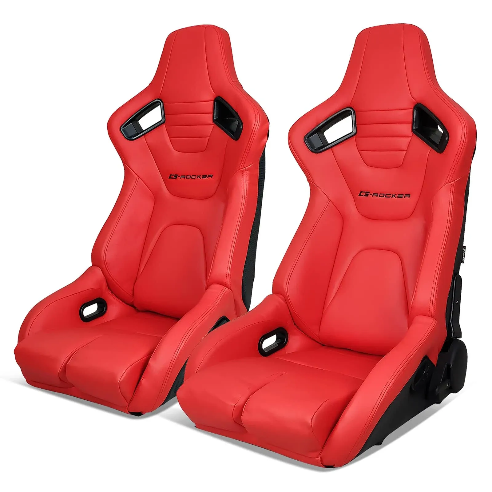 Bucket Racing Seats Reclinable Pair Dual Sliders Red PU Carbon Leather