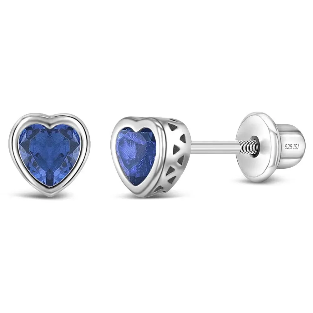 Girls' CZ Birthstone Heart Screw Back Sterling Silver Earrings - Dark Blue - in Season Jewelry