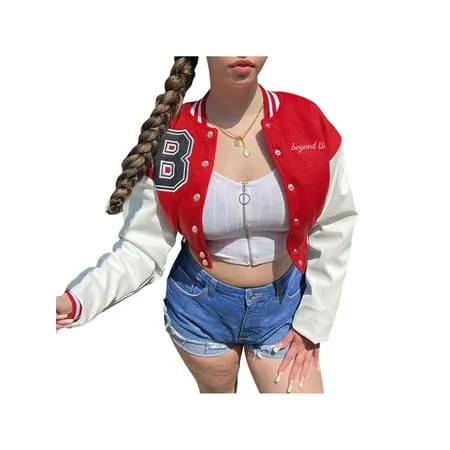 Kayotuas Women Varsity Jacket Long Sleeve Cropped Baseball Jacket Bomber Coats Streetwear