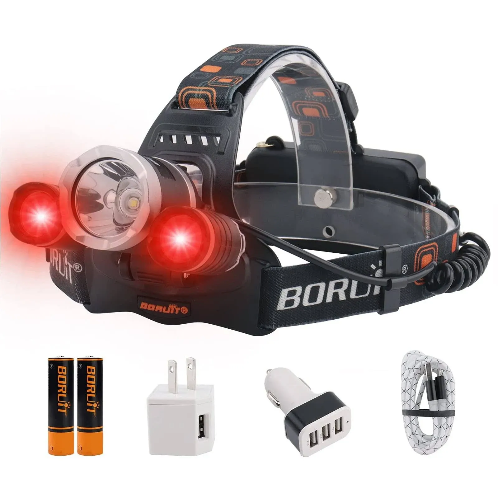 BORUIT RJ-3000 Rechargeabe LED Headlamp 5000 Lumens with Red Light, 3 Modes Super Bright USB Head Lamp IPX4 Waterproof Headlight for Adults USB Outdoor Fishing Camping