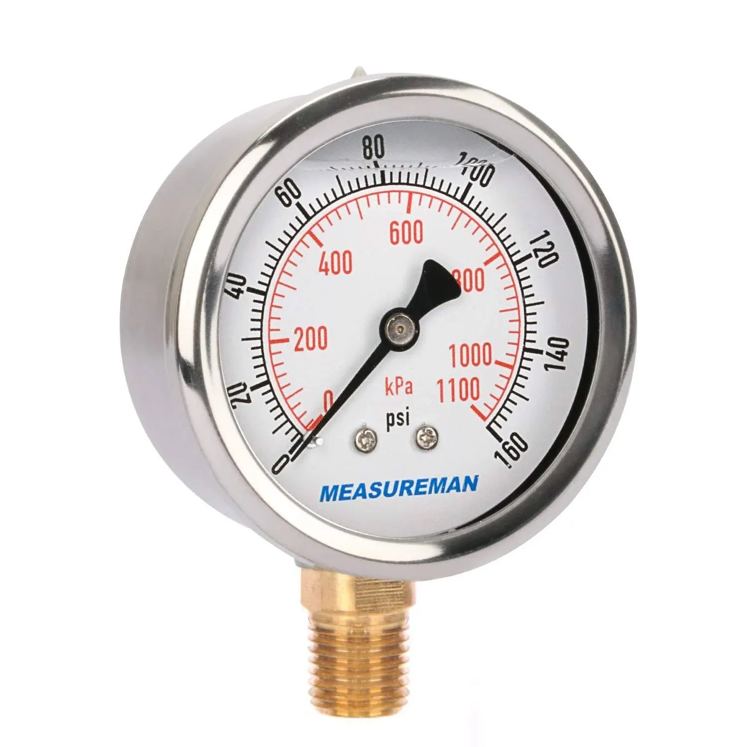 MEASUREMAN 2-1/2inch Dial size, Oil Filled Pressure Gauge, 0-160psi/kpa, 304 ...