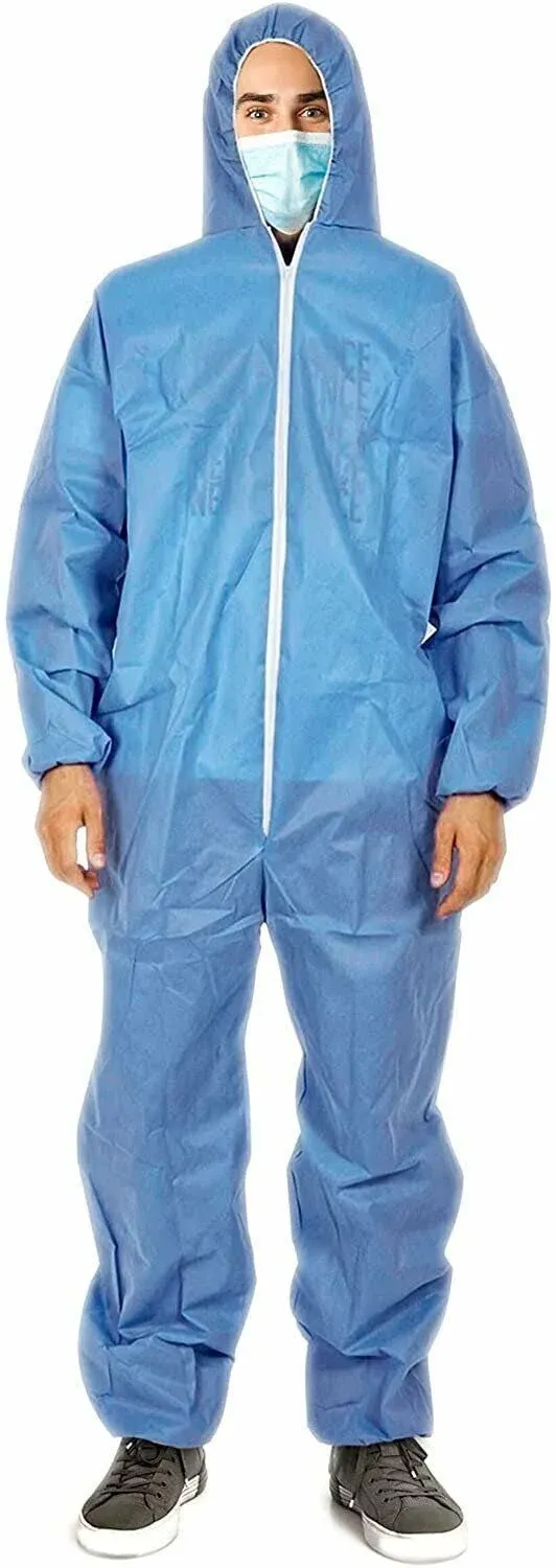 Blue SMS Chemical Protective Disposable Coverall Large /w Hood, Elastic Cuffs, Ankles, Waist