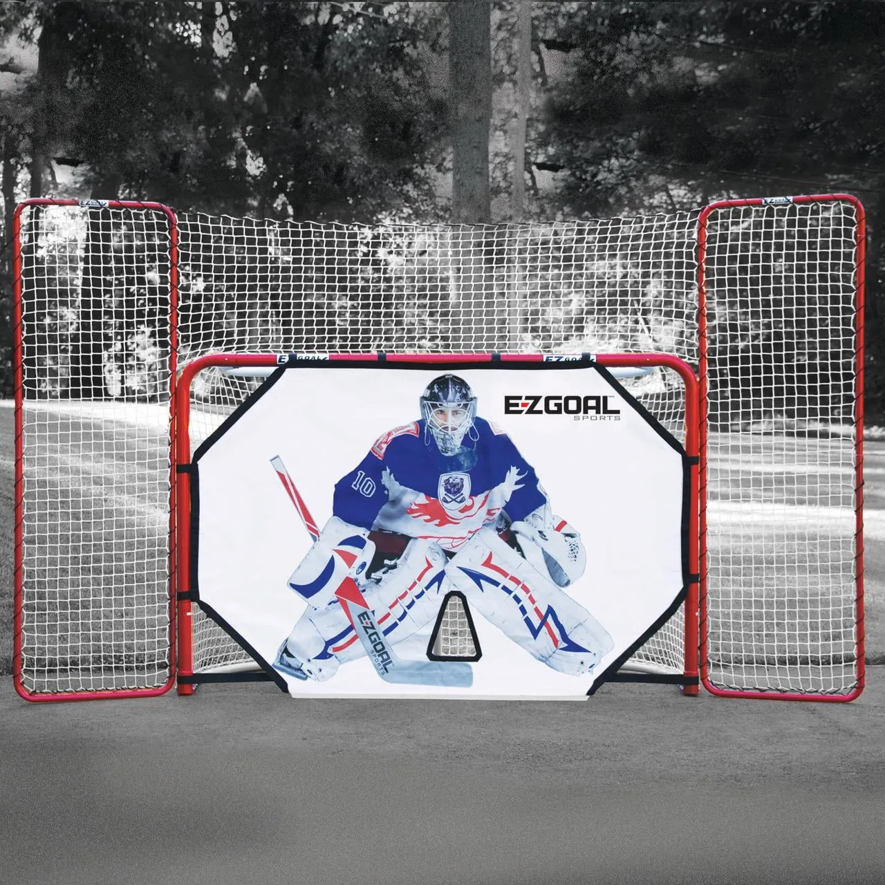 Monster by EZGoal 4' x 6' Hockey Folding Steel 2" Goal with 11' x 6'6" Backstop, 4 Targets Nets, a New Shooter Tutor and Wheels to Help Move The Goal