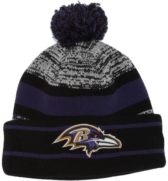 Baltimore Ravens NFL New Era Stripe Cuffed Pom Knit Hat- Purple/Black