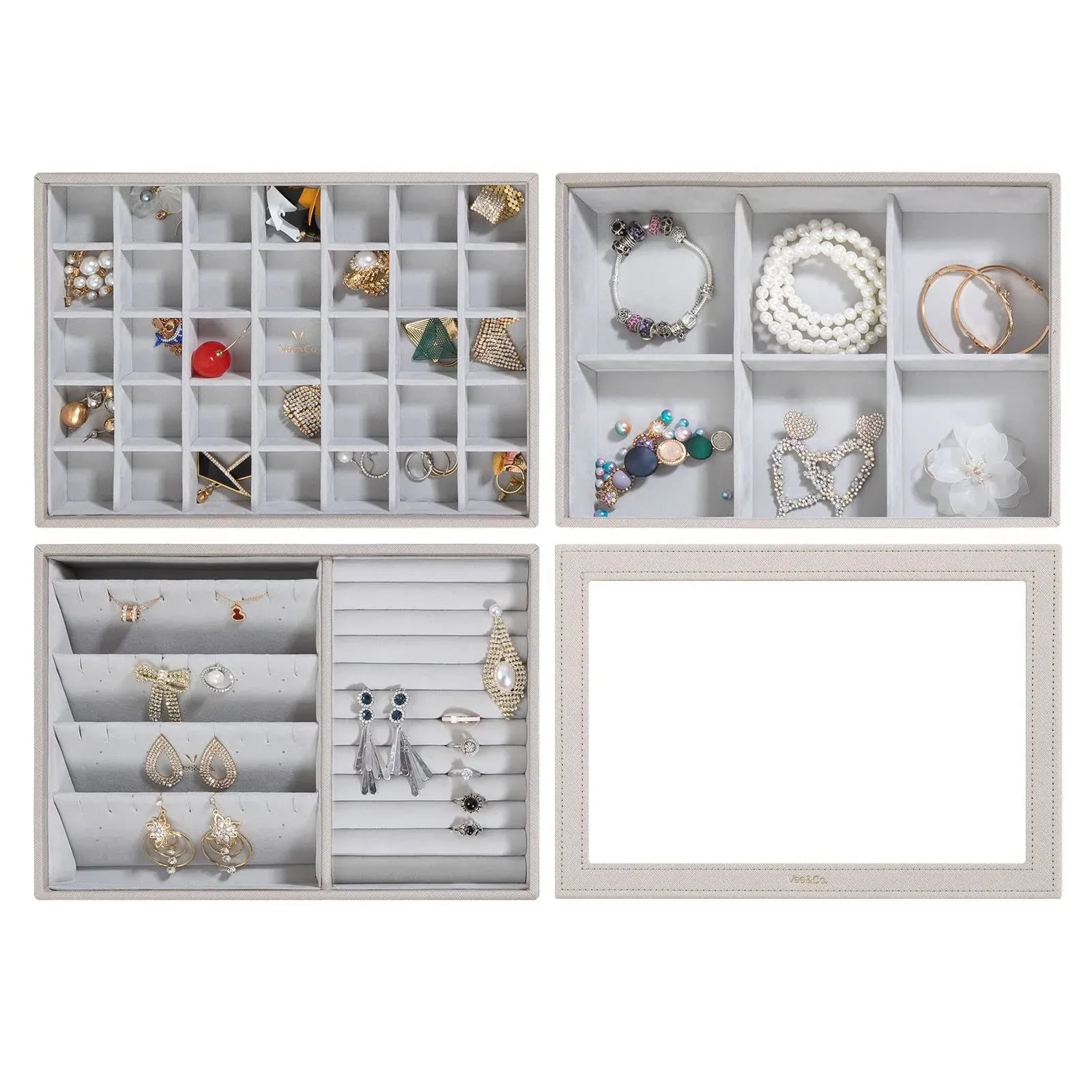 VEE&CO. Jewelry Holder Organizer Tray 3 Layers Grey,Stackable Jewelry Tray for Drawer, High-Capacity Jewelry Drawer Dresser Storage Organizer for Earring, Ring, Necklace