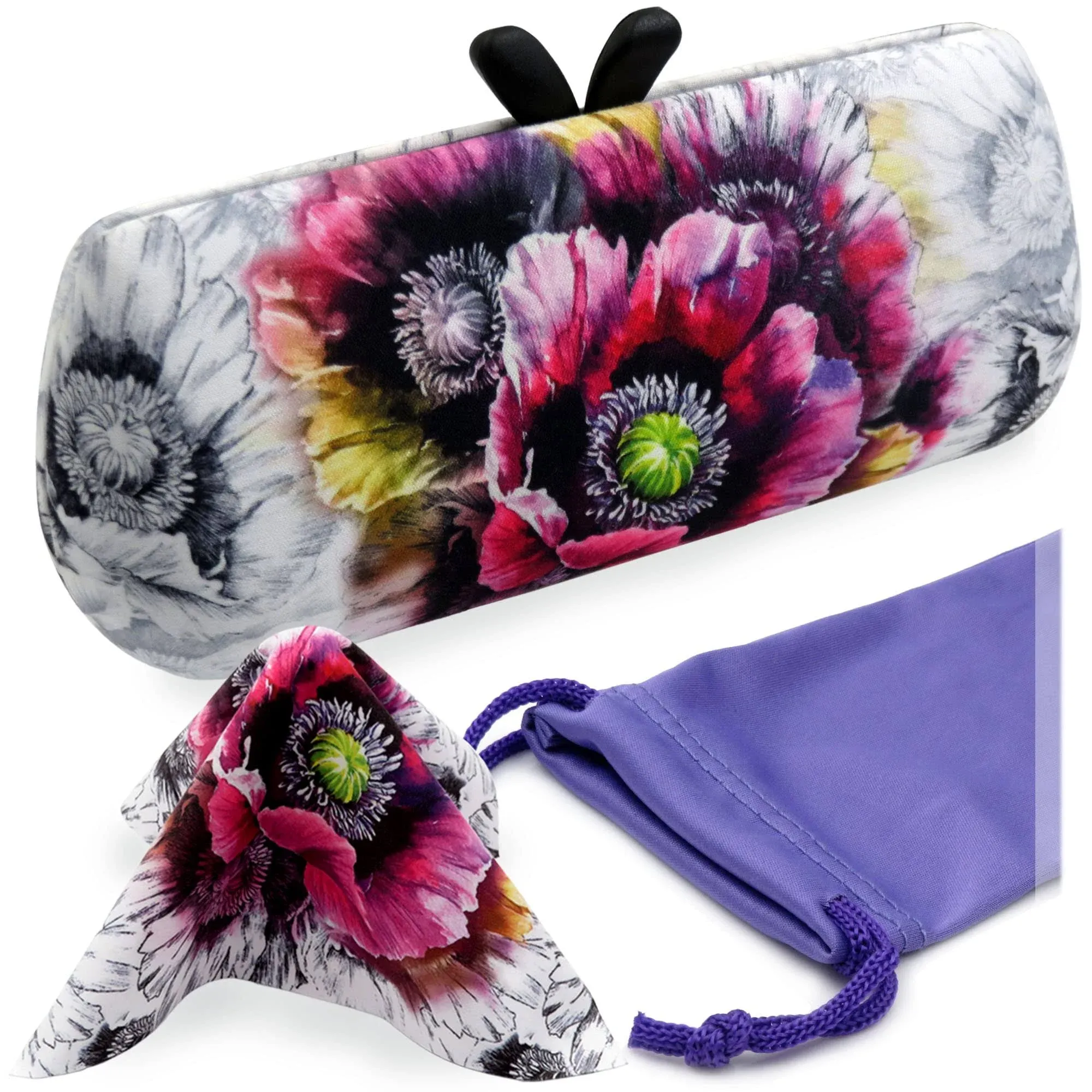 Women Hard Glasses case - Cute Small Sunglasses Case with Handel - Chic Eyeglass Case Holder with Drawstring Pouch & Cloth