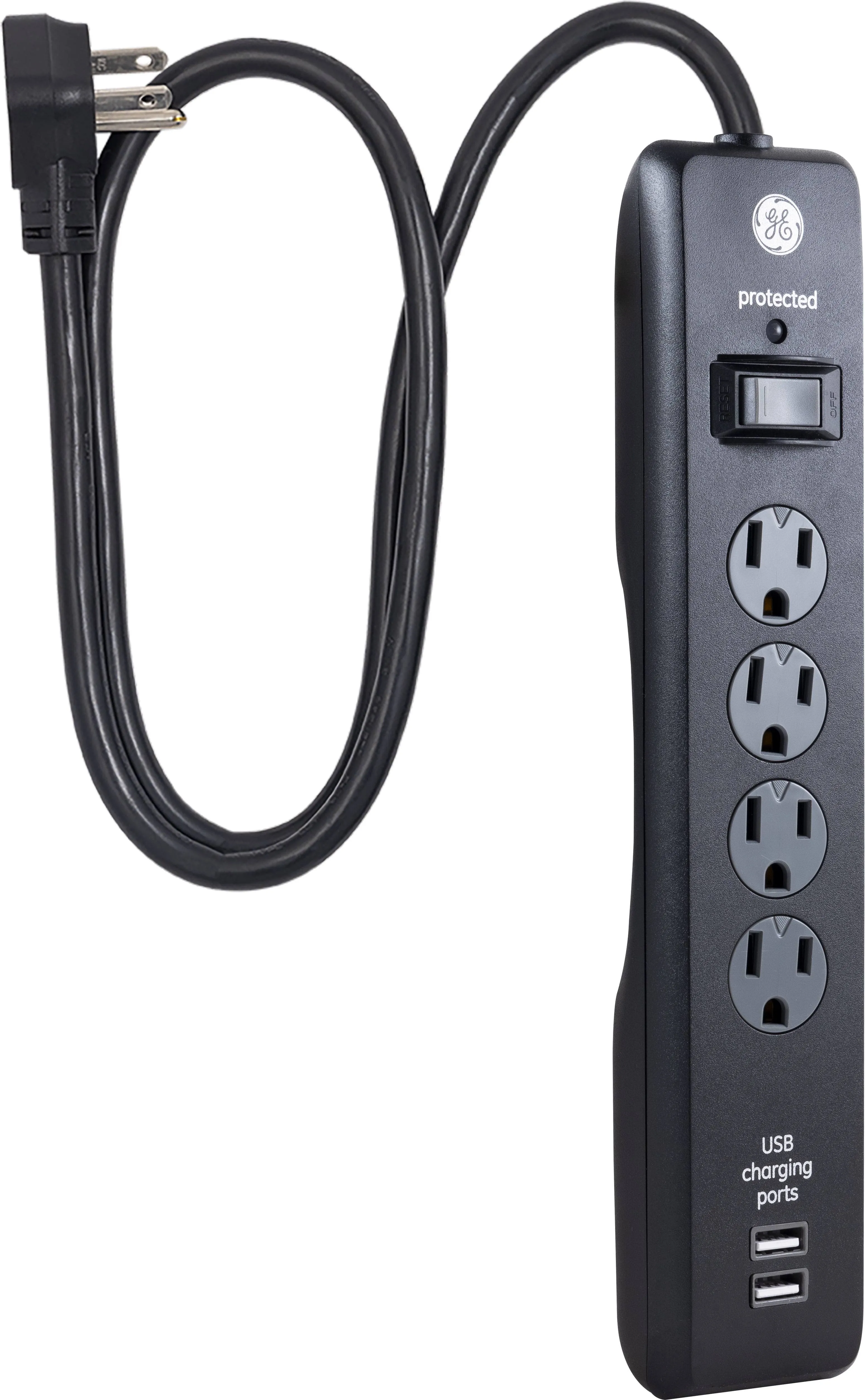 GE-branded 4 outlet, 2 USB Charging Surge Protector, Black, 3 ft – 33654