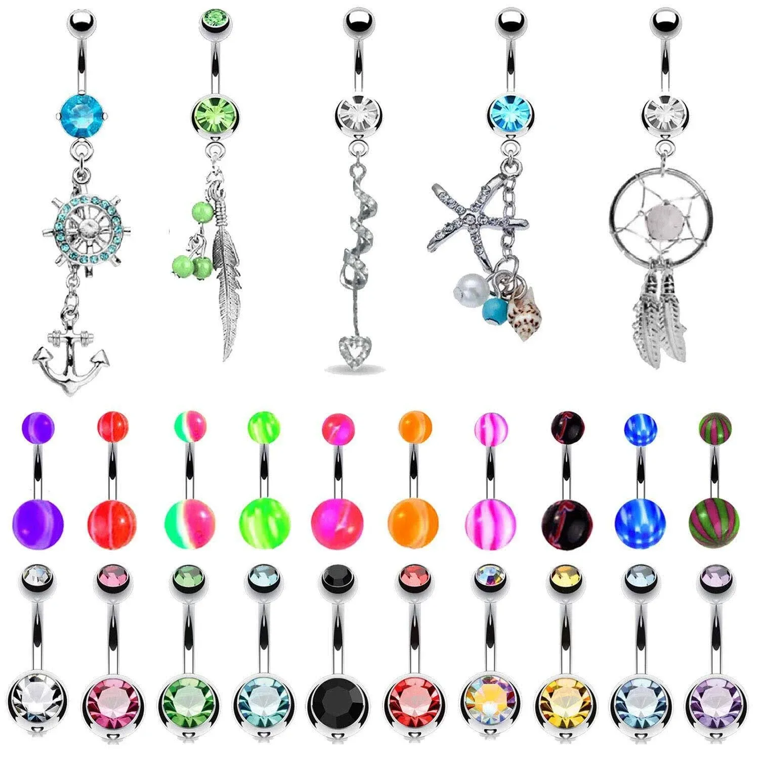 BodyJ4You 65 Belly Button Rings Dangle Barbells 14G CZ Navel Body Piercing 