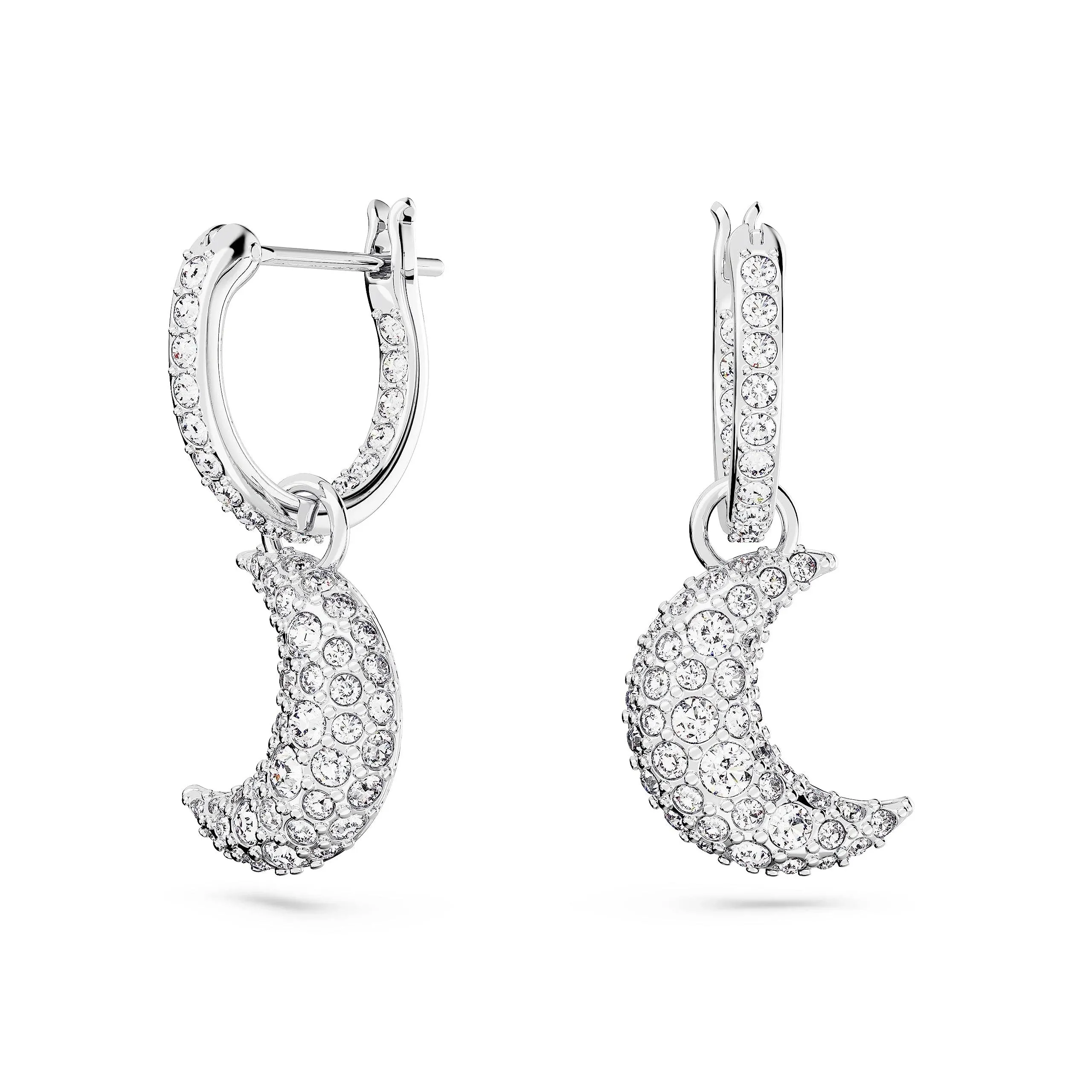 Rhodium-plated Pave Moon Charm Hoop Earrings In Silver