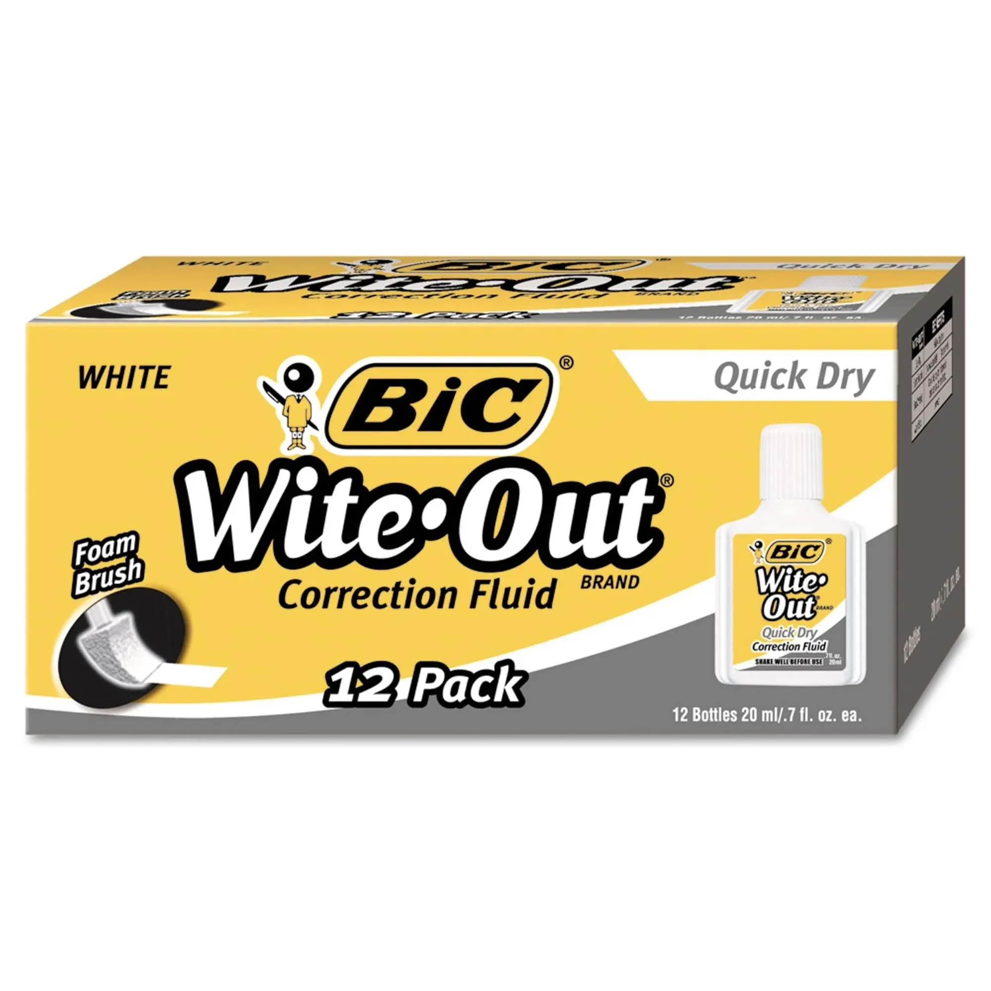 Wite-Out Correction Fluid with Foam Brush, Quick Dry, White - 12 pack