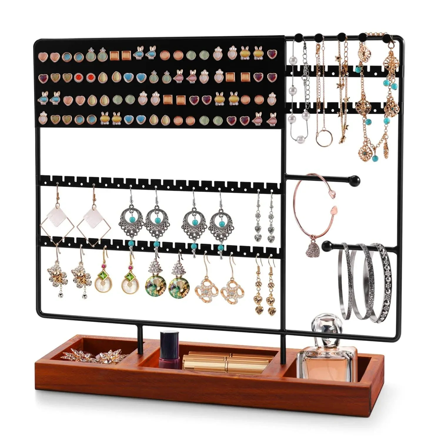 Flexzion Jewelry Organizer Stand, Necklace and Earring Holder, Bracelet and Ring Jewelry Tower Tree Stand Display Storage with 6-Tier Rack, Multiple Stud and Wooden Base Tray, Black