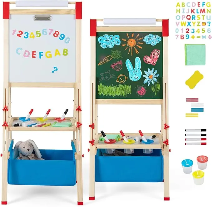 Costzon Easel for Kids, All in 1 Double Sided Wooden Art Easel, Height Adjustable Toddler Easel