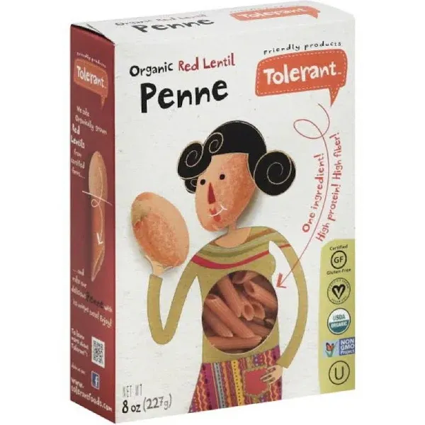 Tolerant Organic Red Lentil Penne Pasta Free from Allergens - Gluten Free, Vegan, Paleo, Plant Based Protein Pasta - Non GMO, Kosher - Made with 1 Single Ingredient, 8 oz (Pack of 6)