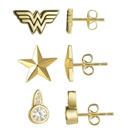 DC Comics Adult Wonder Woman Crystal Gold Plated Stud Earrings Set 3 Pairs