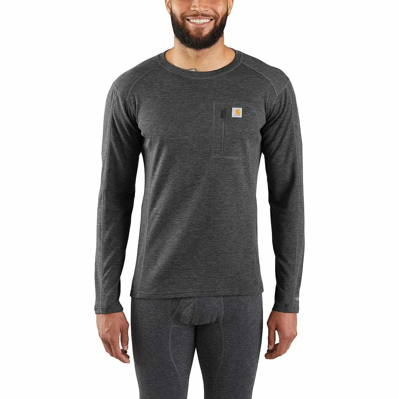 Carhartt Men's Force Heavyweight Synthetic-Wool Blend Base Layer Crewneck Pocket Top | Black Heather | Small