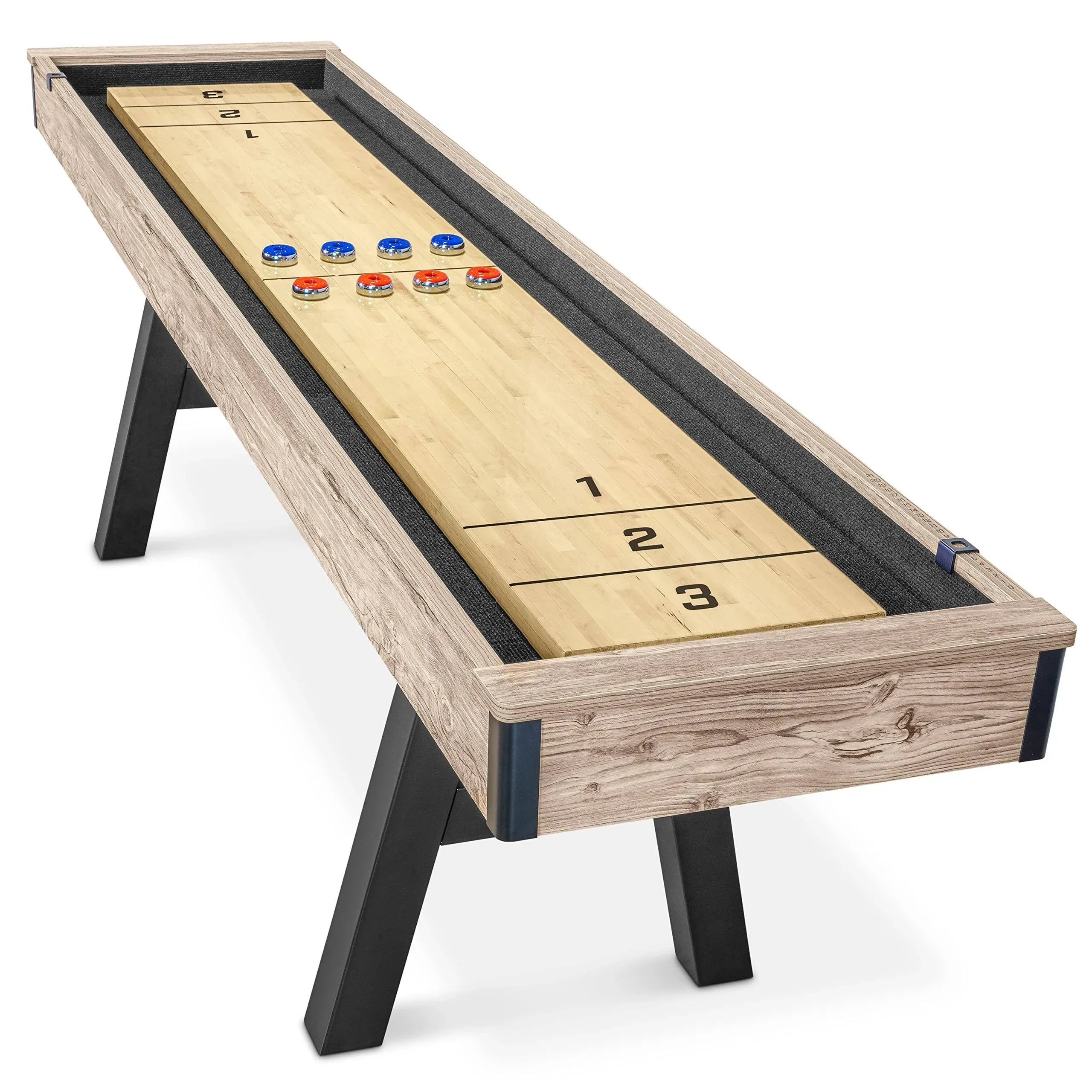 GoSports Premium 9 ft Shuffleboard Table with 8 Pucks Shuffleboard Wax and Brush Brown