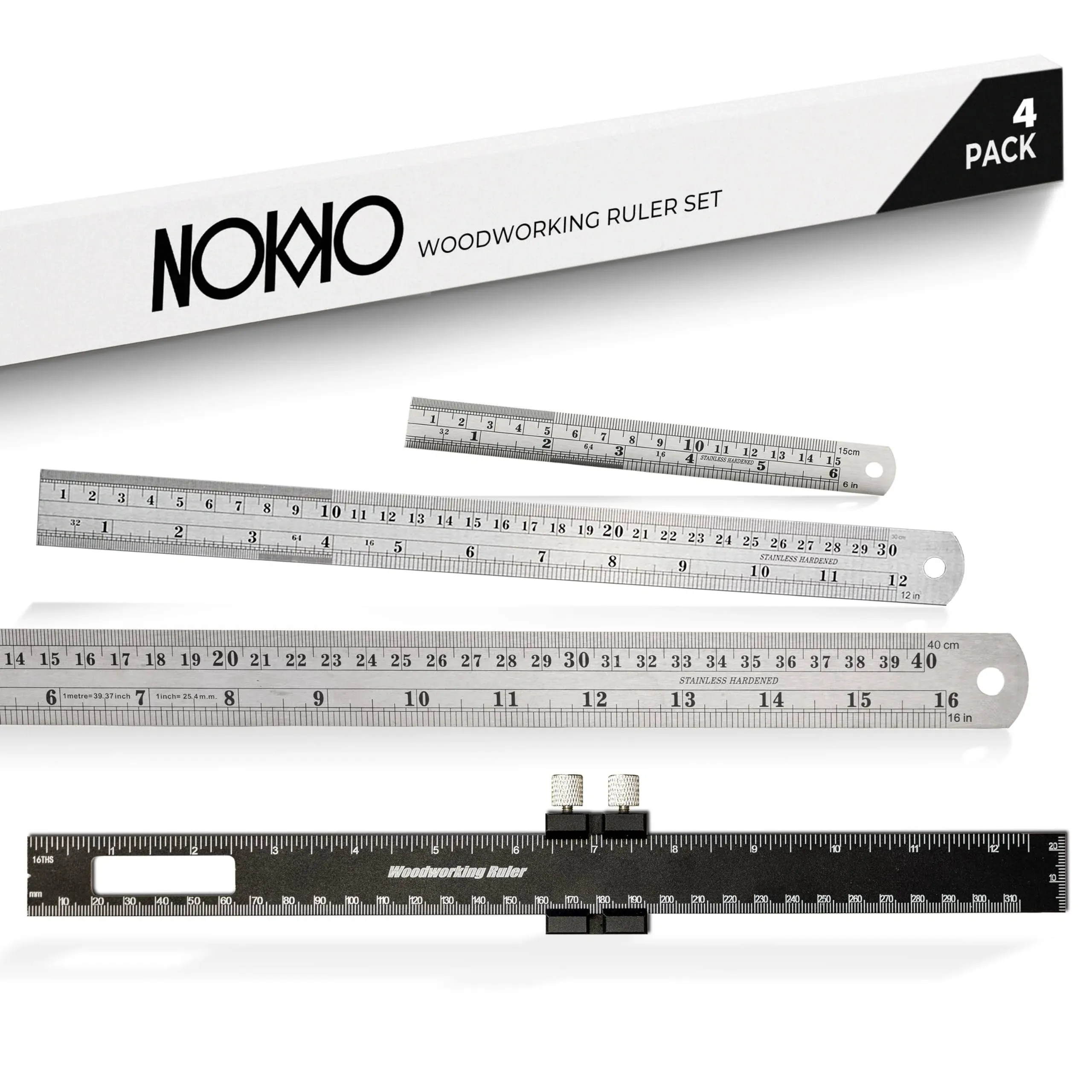 Nokko 4-Piece Woodworking Ruler Set - Woodworking Tools Bundle with 12 inch Aluminum Slide Rule with Slide Stop, Plus 6", 12" & 16" Stainless Steel