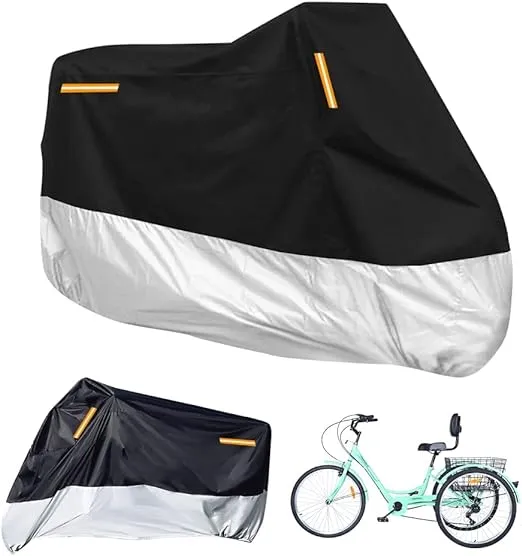 Premium Adult Tricycle Cover, Fit All 3-Wheel Bike or Motorcycles Outdoor and Indoor Storage, 104" L x 43.3" W x 49" H (Black & Silver, 210D)