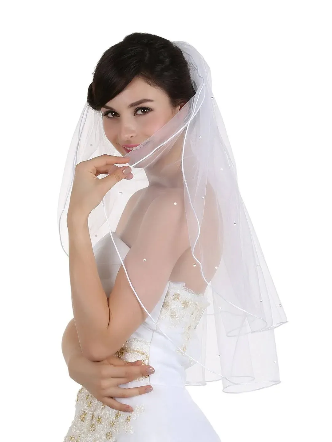 2T White Bridal Shoulder Short Scattered 30 Rhinestone Rattail Edge Wedding Veil