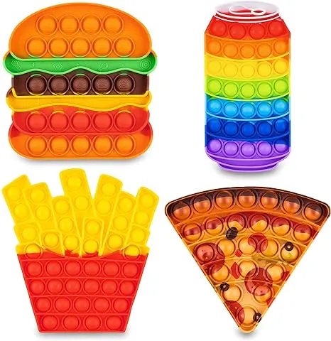 Pop Its Fidget Toys Pack 4 - Stress Relief Food Pop Its Poppers Fidget Poppet Toy - Autism Learning French Fry Pizza Hamburger Popits Push Pop Bubble Popping Sensory Toy for Kids