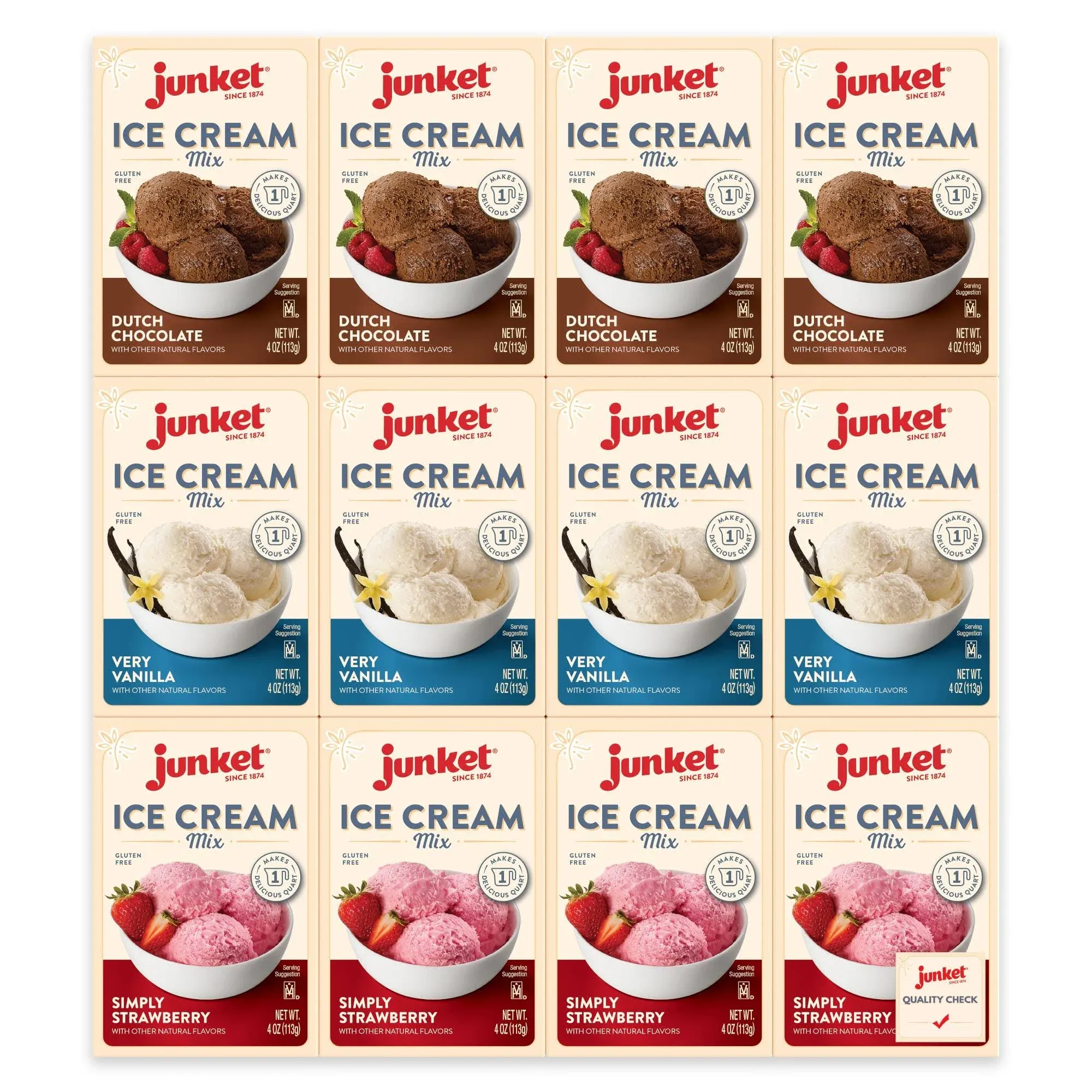 Junket Ice Cream Mix Bundle - 4 Vanilla, 4 Chocolate, 4 Strawberry (12 total)