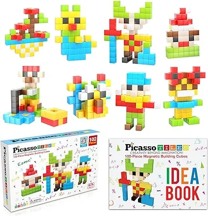 PicassoTiles Kids Pixel Magnetic Puzzle Cube 102 Piece Mix & Match Cubes with FREE Idea Book Sensory Toys