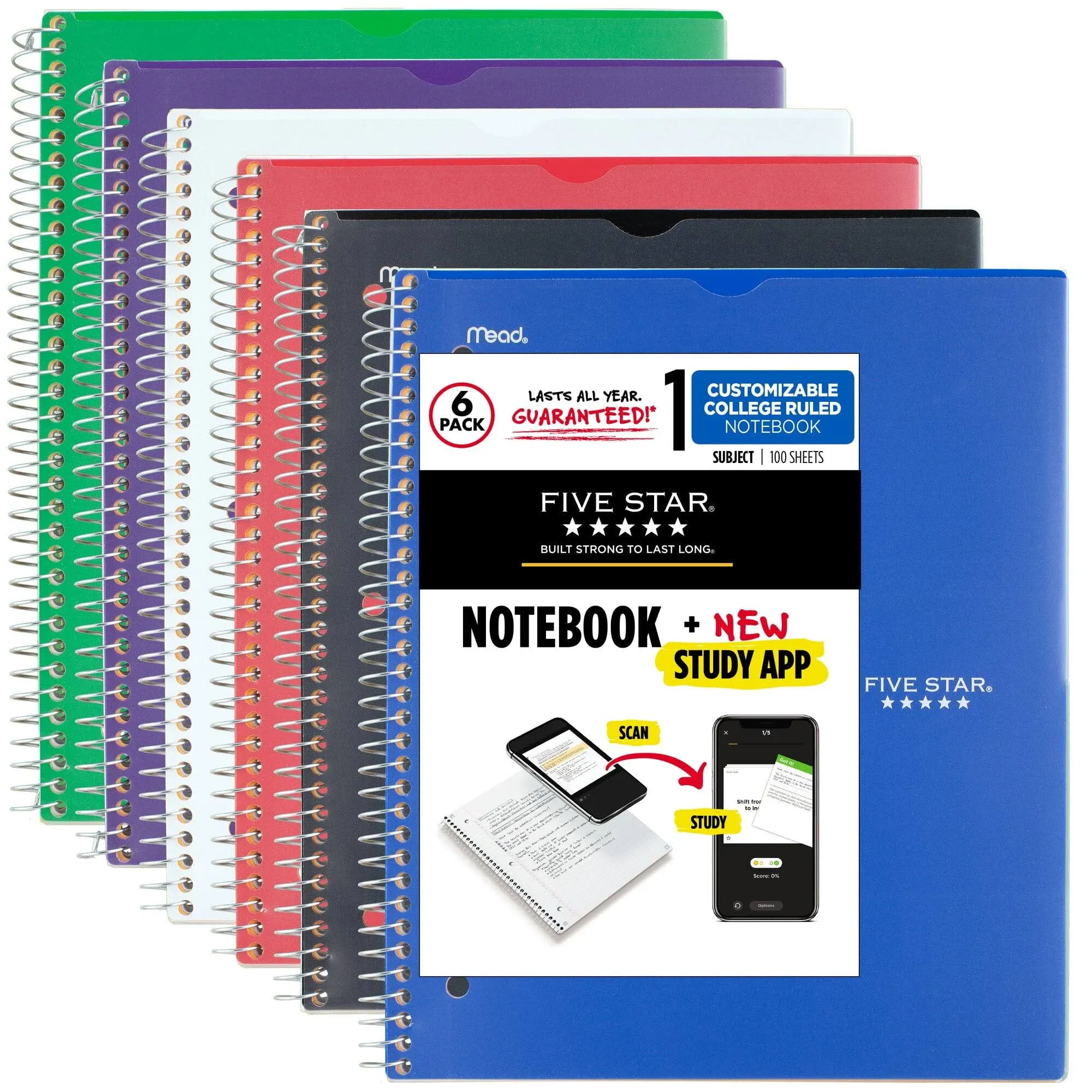 Five Star Customizable Notebook Plus Study App 1 Subject College Ruled 6 Pack ...