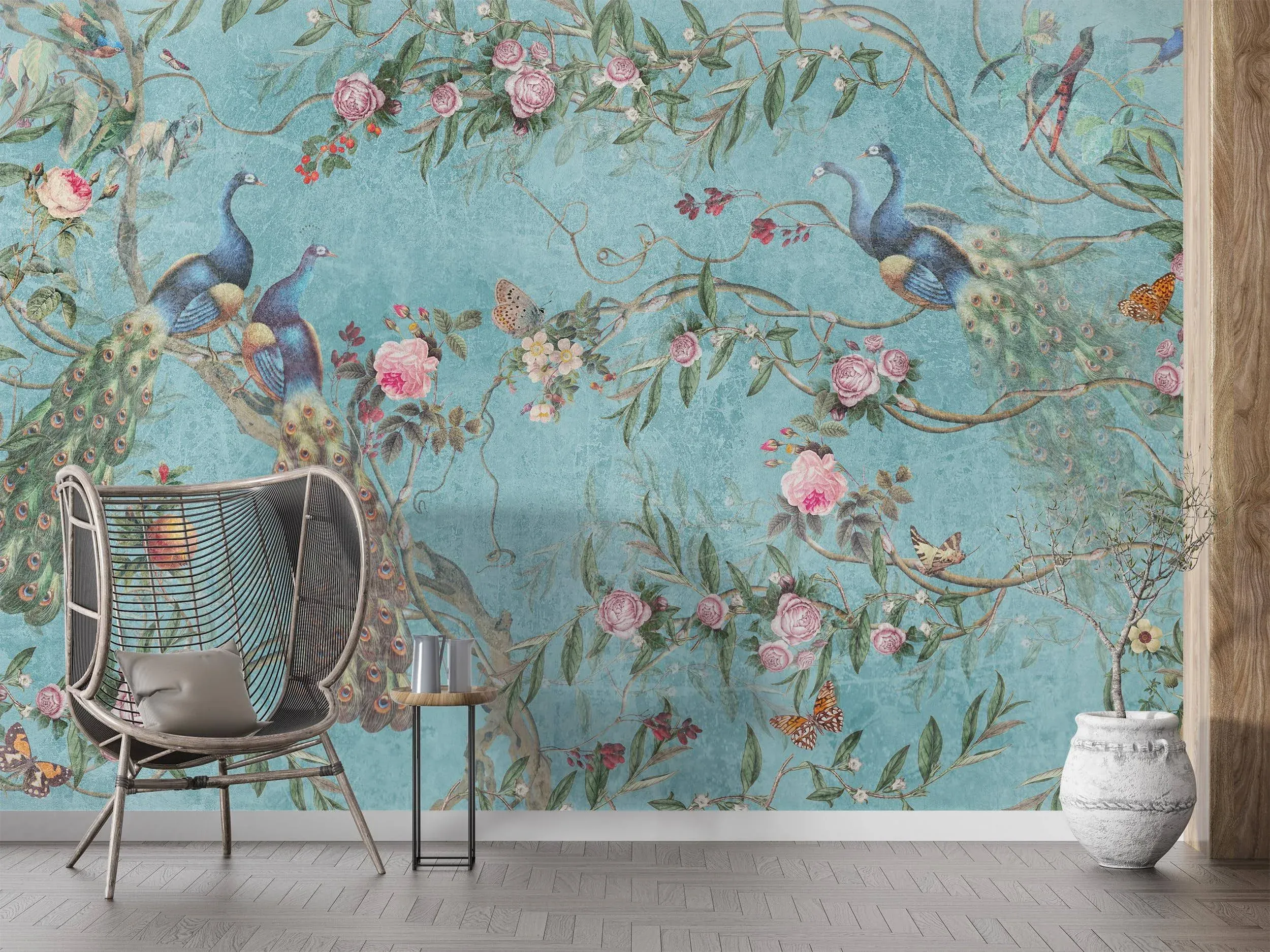 Blue vintage chinoiserie wallpaper, rose branches and peacock birds | Self Adhesive | Peel and Stick | Removable Wallpaper