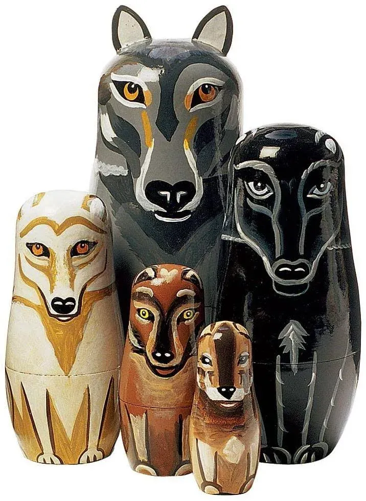 Bits and Pieces Sumter &amp; His Pack Painted Wooden Nesting Wolves~New