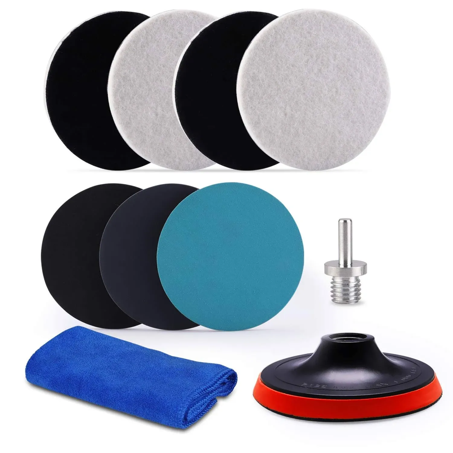 ZFE 5Inch Glass Polishing Pads, 10pcs Wool Felt Disc Glass Polishing Kit Buffing Pads Sanding Discs with Backing Pad and M14 Drill Adapter for