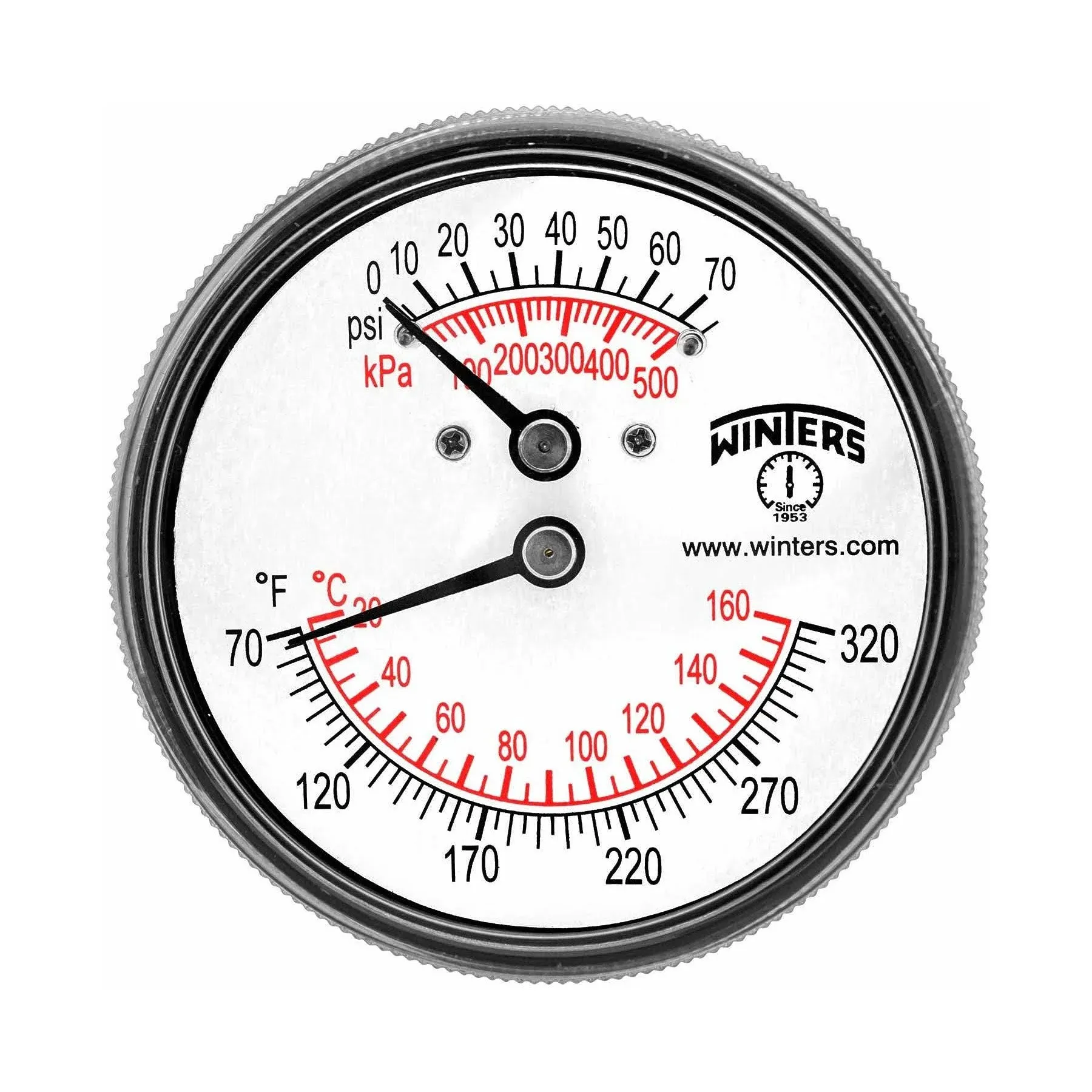 2.5" Tridicator Temperature and Pressure Gauge, Back Mount (0-75 PSI and 70°F-320°F)