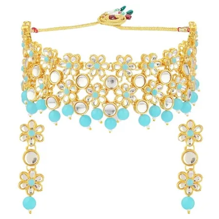 Efulgenz Bridal Jewelry Choker Necklace Dangle Earrings Floral Style Kundan Crystal Blue Faux Pearl Neckalce Earrings Wedding Indian Jewelry Set for Women