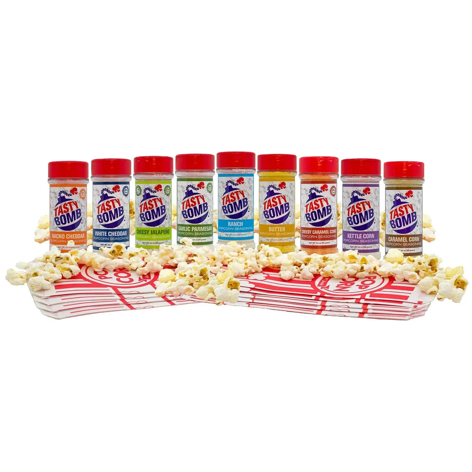 Flavorful Popcorn Seasoning Variety Pack – 9 Seasonings in White Cheddar Cheese, Ranch, Sour Cream, & More with Popcorn Bags – Gluten-Free Keto Snack for Movie Nights & Gifts by Tasty Bomb, 2.8-3 Oz.