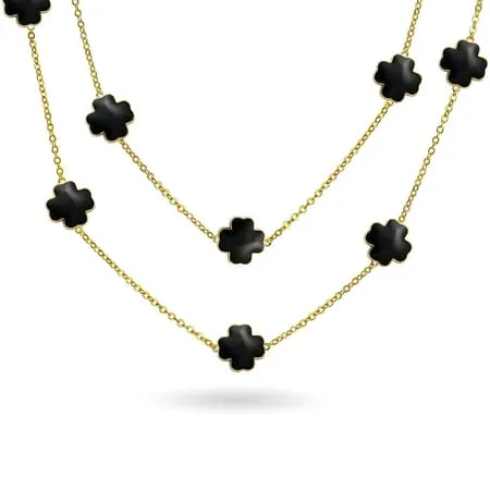 Black Pearlized Enamel Clover Necklace Long 40" Gold Plated