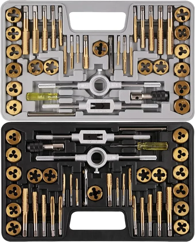 Anfrere Brass Coated 80pcs SAE & Metric Tap and Die Set, Metric Standard Rethreading Tool Kit, Coarse and Fine Threads for Cutting External and Internal Threads, Essential Repair Tool Kit with Case