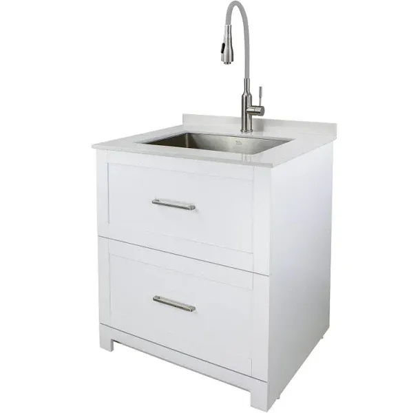 Transolid 29-in x 25.5-in 1-Basin White Freestanding Laundry Sink with Cabinet and Faucet Stainless Steel | TCG-3025-WC