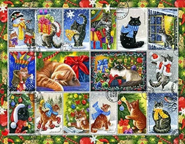 Vermont Christmas Company Christmas Cat Stamps Jigsaw Puzzle