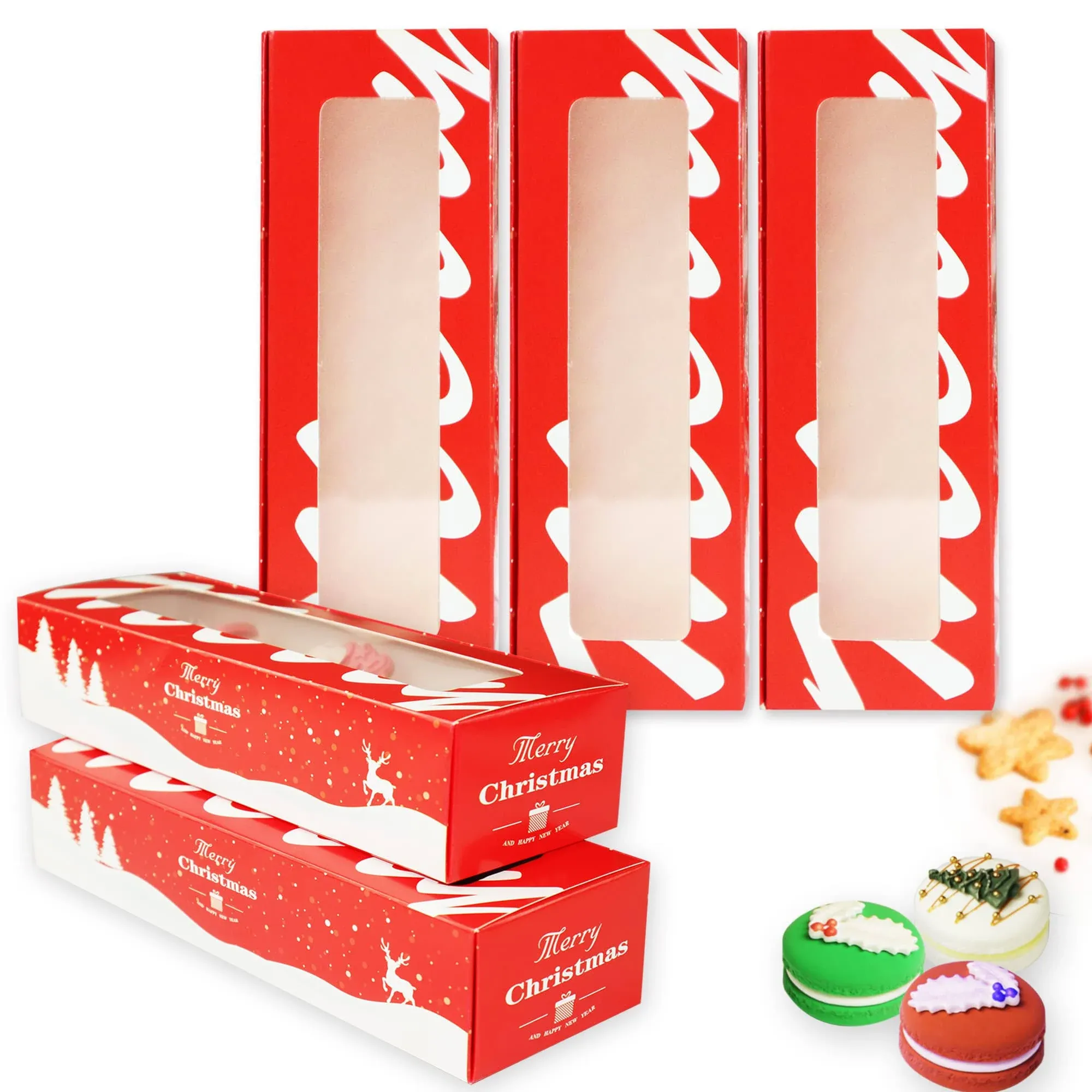 30pack Christmas Cookies Boxes With Window Red Xmas Macaron Packaging Boxes Maca