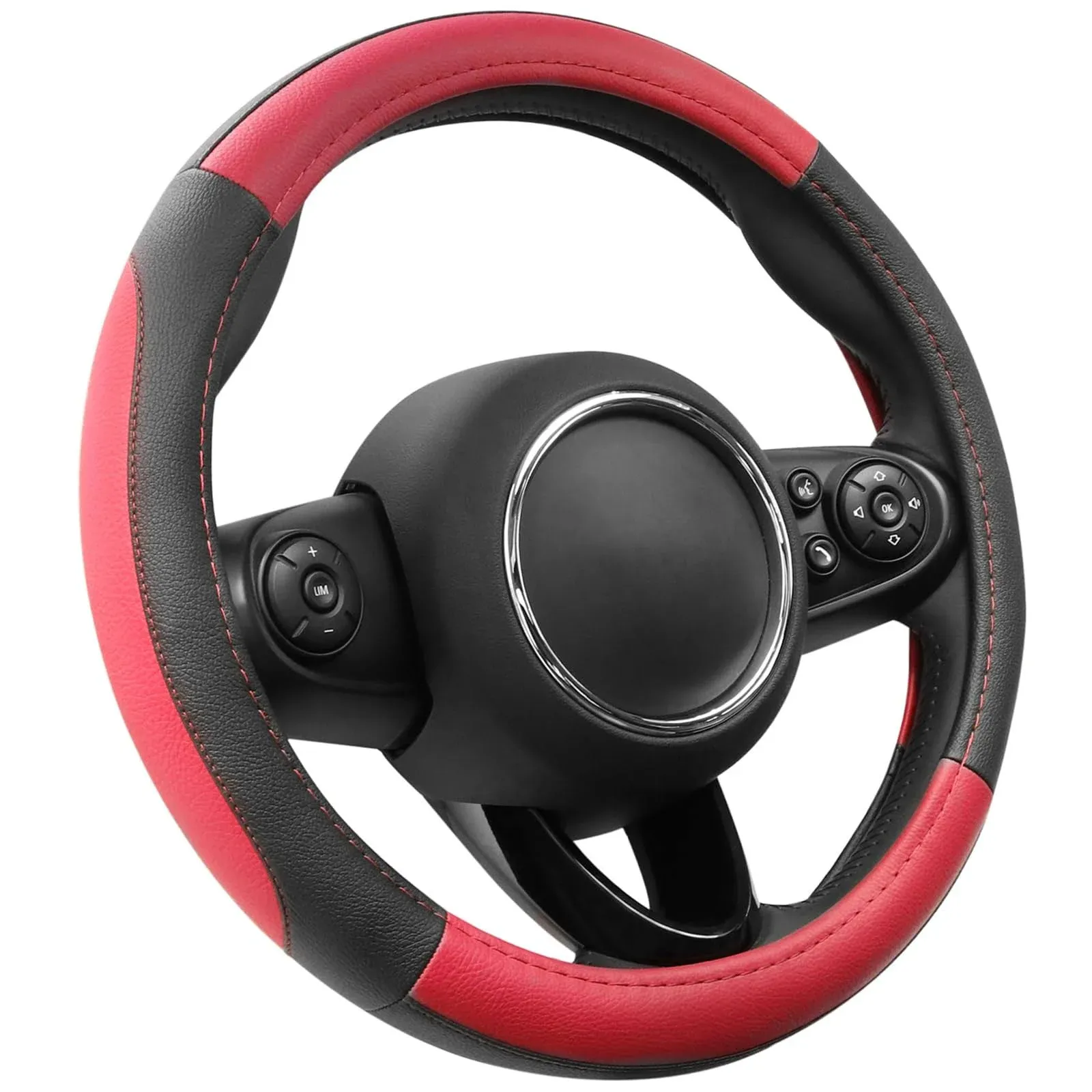 SEG Direct Car Steering Wheel Cover for Prius Civic 14-14.25 inch, Black and Red Microfiber Leather