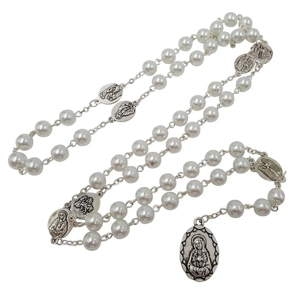 Seven Sorrows of Mary Rosary Chaplet White Glass Beads Catholic Jewelry Necklace