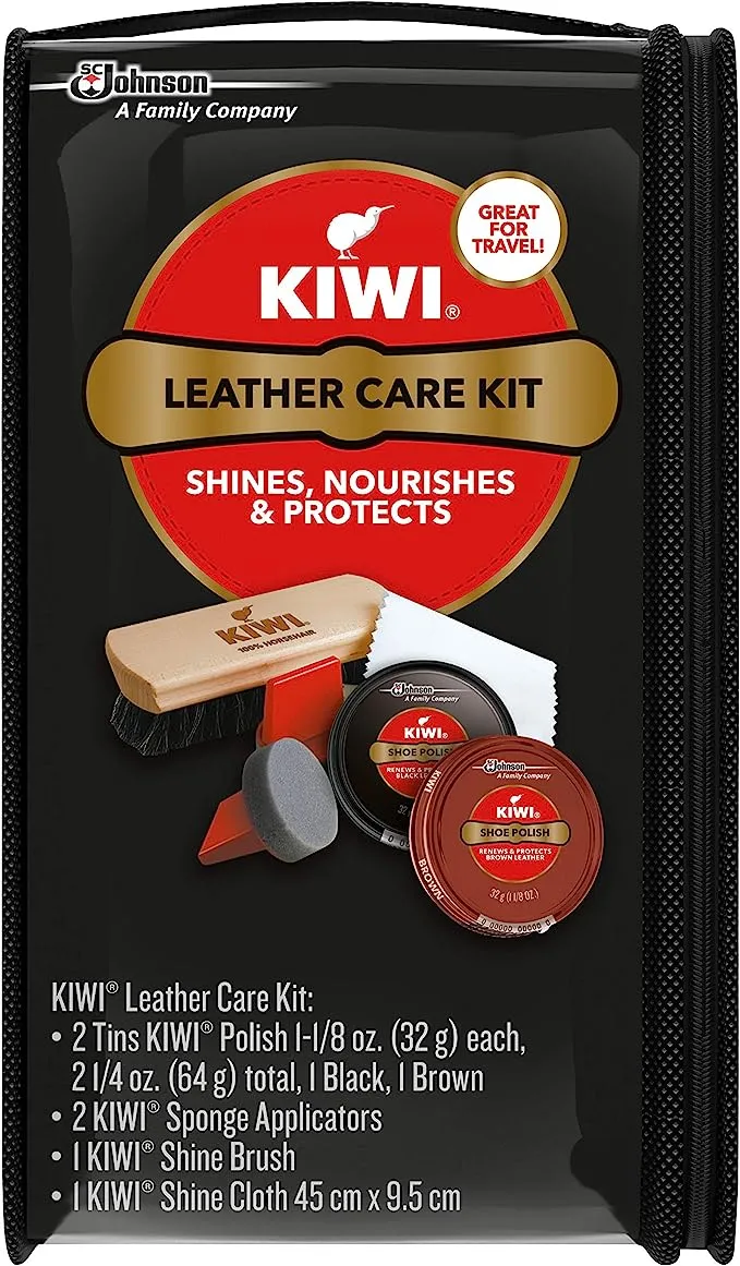 Leather Shoe Care Kit - Shines, Nourishes & Protects Shoes, Includes - 2 Shoe Polish (Brown & Black), 2 Sponge Applicators, 1 Shine Brush, 1 Shine Cloth, (Pack of 1 Kit)