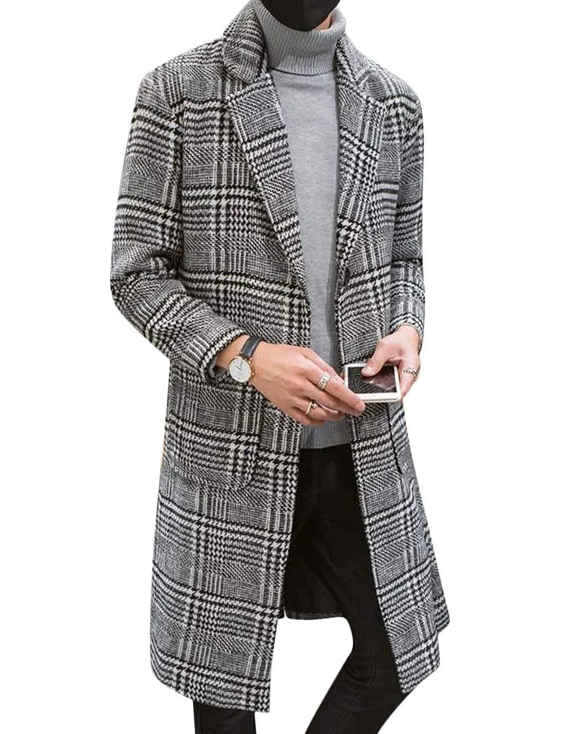 UANEO Mens Trench Coat Single Breasted Plaid Mid Long Peacoat Pea Coats