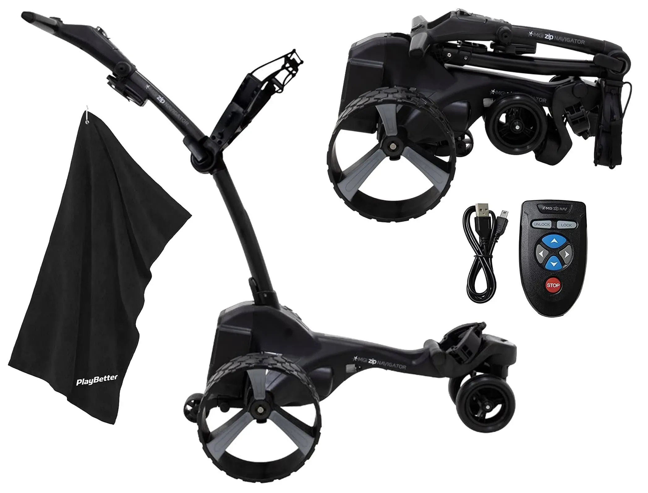 PlayBetter MGI Zip Navigator Electric Golf Caddy (Black) Bundle with Remote ...