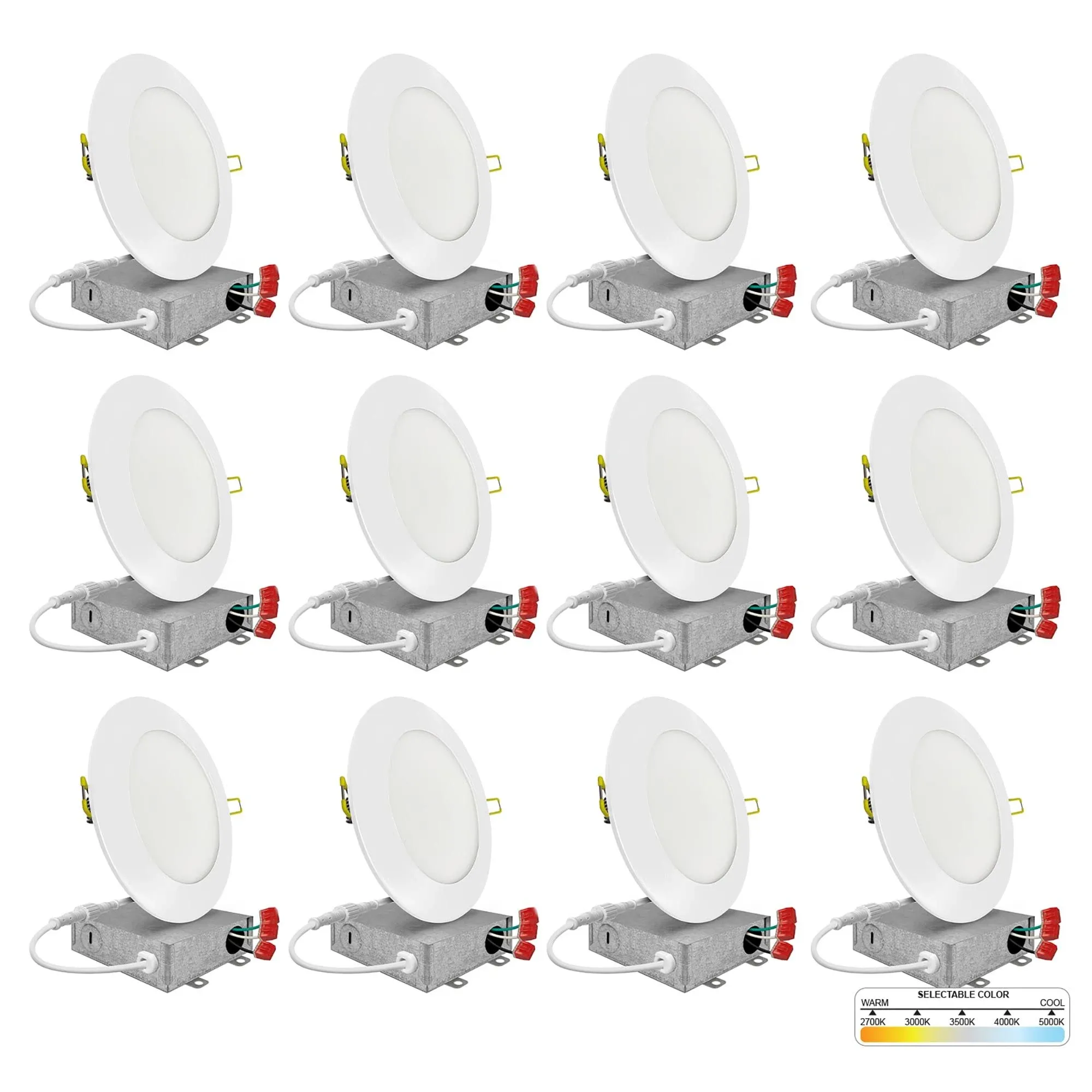 NUWATT Ultra Slim Airtight IC White 4-in 630-Lumen Switchable Round Dimmable LED Canless Wet Rated Recessed Downlight (12-Pack) Lowes.com