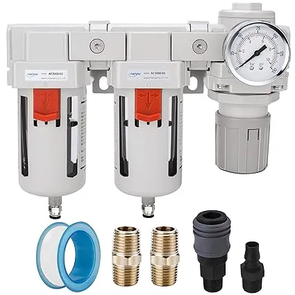 NANPU DFR-03 3/8" NPT Air Drying System - Double Air Filters, Air Pressure Regulator Combo - Semi-Auto Drain, Poly Bowl