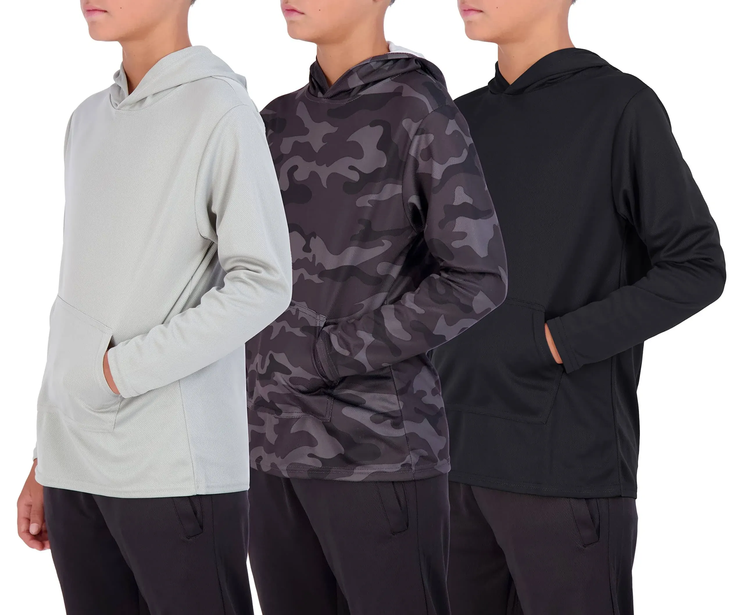 Real Essentials 3 Pack: Youth Mesh Long Sleeve Pullover Hoodie Active Sweatshirt ...