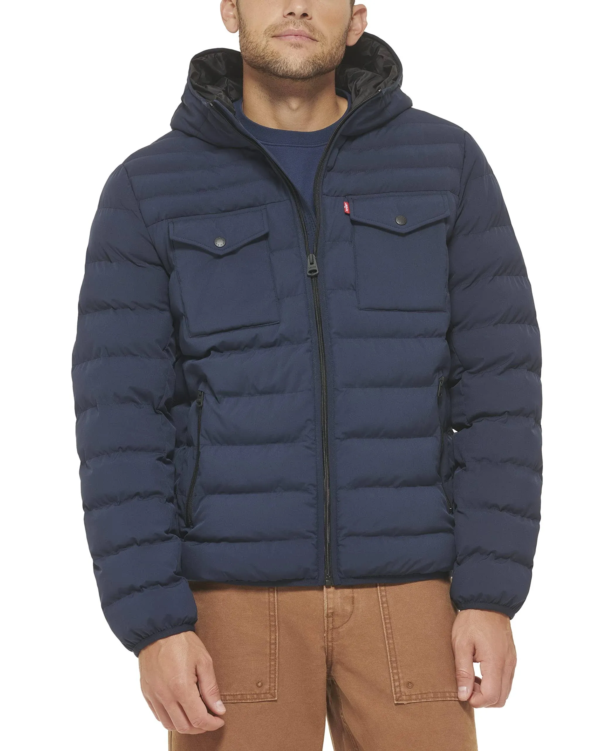 Levi's Men's Stretch Quilted Hooded Puffer Jacket - Navy - Size M