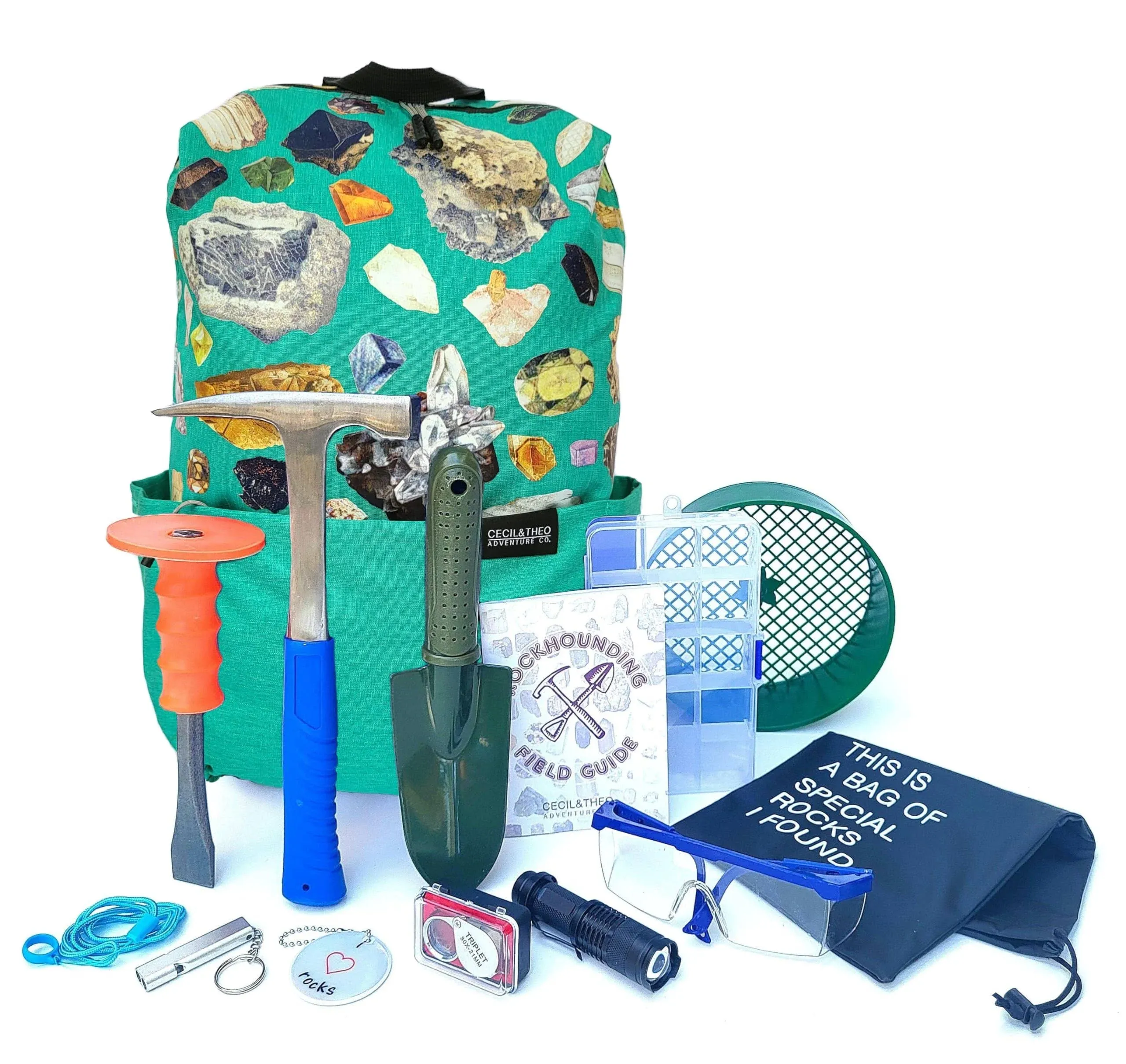 Rockhounding Tools - Geology Rock Pick Hammer Kit w/ 32 Page Rock Hounding Field Guide - Backpack to Carry Chisel & Pick Set - Sand Sifter - Geology