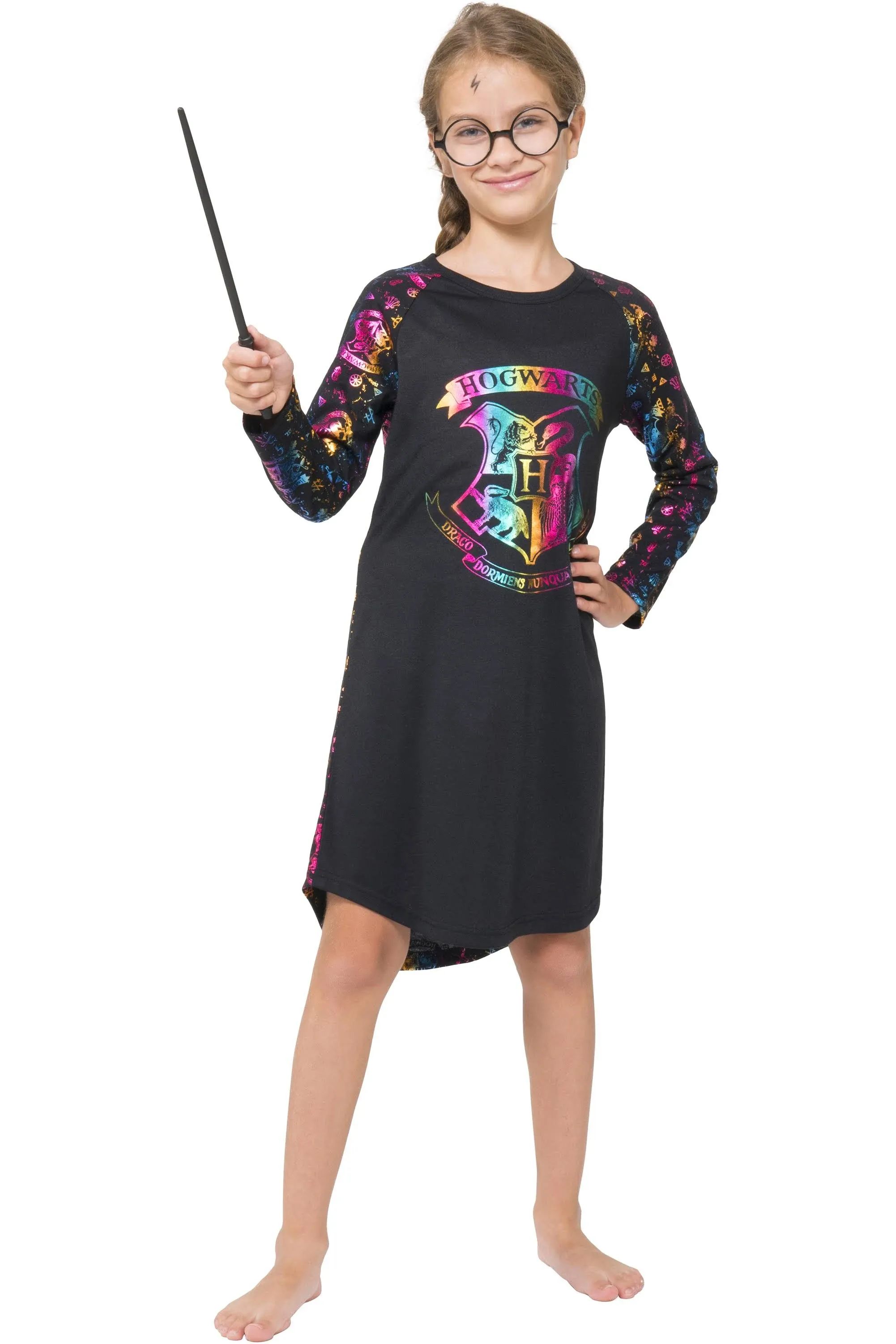 Harry Potter Girls Hogwarts Rainbow Hologram Raglan Nightgown Pajama